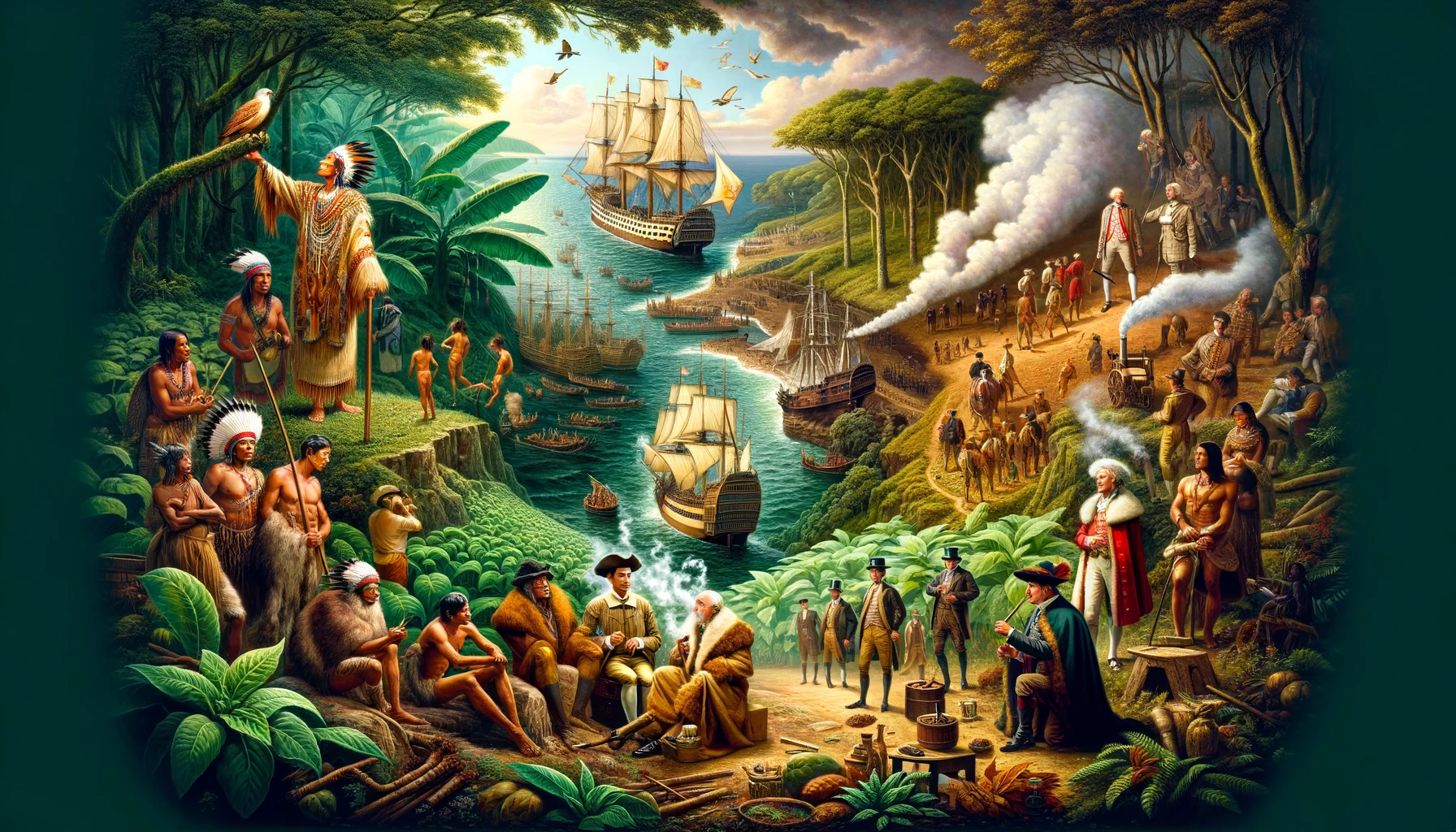 A detailed panoramic image illustrating the history of tobacco, starting with the vibrant, green landscapes of the Americas on the left. Indigenous peoples are depicted engaging in rituals with tobacco, including a shaman sending smoke signals into the sky, amidst wild tobacco plants. The scene transitions to the center where European explorers, reminiscent of Columbus and his crew, are shown meeting with Indigenous peoples, with ships anchored in the background, symbolizing the dawn of global exploration and trade. This narrative flows into the right side of the image, where European nobles are seen in lavish attire, enjoying pipes and cigars in social gatherings, reflecting tobacco's assimilation into European culture. The background weaves in elements of global commerce, including vintage maps, trading ships, and fields of tobacco under cultivation, while the entire historical tapestry is subtly framed by modern elements such as health warnings and ethical debates, represented through faint overlays or borders. The atmosphere conveys a rich tapestry of history, cultural depth, and the complex legacy of tobacco's global journey.