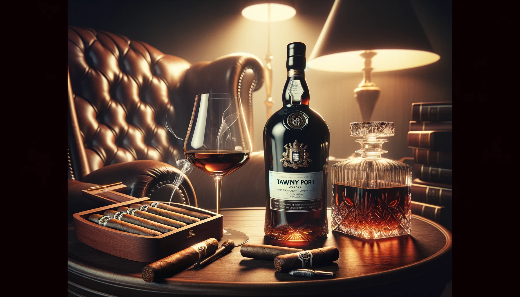 An elegant evening scene showcasing the luxurious pairing of tawny port with cigars. The image features a crystal-clear glass of amber-colored tawny port and an open box of premium cigars on a small side table, illuminated by soft, ambient lighting. A comfortable leather armchair suggests an invitation to relax and savor the moment, with the setting further enhanced by a vintage port decanter and a sophisticated ashtray. The backdrop of a dimly lit room creates an atmosphere of privacy and contemplation, inviting the viewer into a world of refined pleasure. The scene encapsulates the essence of enjoying tawny port and cigars, reflecting a perfect union of complex flavors and rich textures.