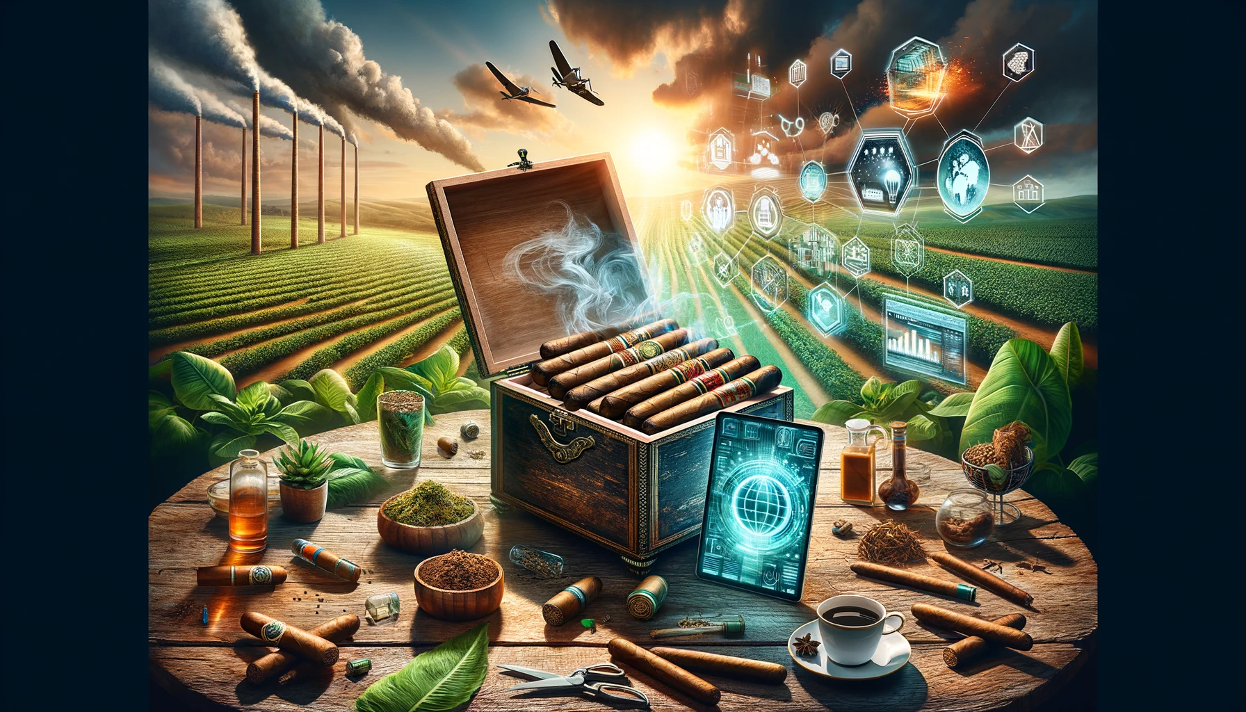 This image depicts a fusion of traditional cigar-making with futuristic technology. In the foreground, a wooden table is adorned with traditional cigar-making elements: cigars, loose tobacco, scissors, a pot of honey, and a cup of coffee, creating a warm and rustic atmosphere. A large, open cigar box releases a wisp of smoke, symbolizing the enduring tradition of cigar smoking. The background contrasts with a high-tech vision of agriculture and data analysis. Lush green fields under a sunset sky are tended by advanced machinery, and smokestacks in the distance suggest a blend of industry and cultivation. Old-fashioned airplanes fly above, hinting at a bridge between past and present. Digital interfaces float seamlessly in the air, displaying various types of information and holograms, indicating a highly connected and technology-driven approach to cigar agriculture and sales data. This visual allegory illustrates the cigar industry’s balance of honoring time-honored craftsmanship while embracing modern advancements.