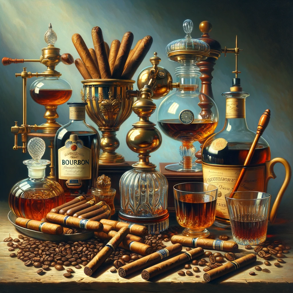 This image presents a still life arrangement reminiscent of the Dutch Golden Age, featuring a collection of cigars and whiskey. At the center is a vase filled with cigars, surrounded by scientific glass distillation apparatus, indicating a sophisticated process of spirit production or flavor infusion for the cigars. A bottle of bourbon is prominently displayed alongside a decanter and two filled whiskey glasses, suggesting a pairing of the cigars with fine spirits. Coffee beans are scattered across the wooden table surface, adding to the aromatic ambiance. The lighting highlights the rich textures and colors of the objects, creating a mood of opulence and connoisseurship.