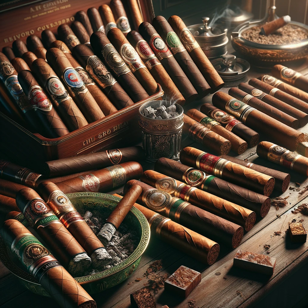 A selection of cigars with various sizes and wrappers on a richly textured wooden table, illuminated by warm, ambient light. A vintage ashtray filled with cigar ashes adds a touch of history and use. The scene is captured in photorealistic detail, emphasizing the elegance and sophistication of cigar aficionado culture. Subtle reflections on the cigars and ashtray enhance the realism, set against a backdrop of rich, dark hues.