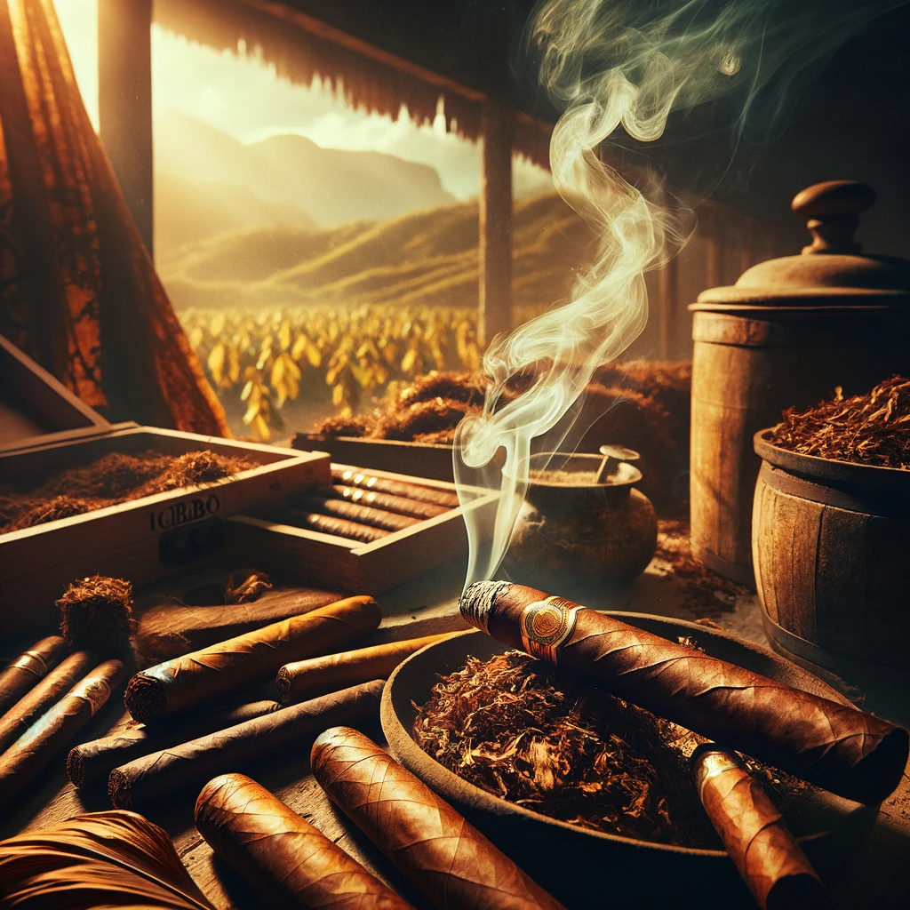 A vintage-inspired photograph capturing the essence of Cuban cigars, featuring elements of tobacco fields, artisanal cigar rolling, and Cuban cultural heritage. Warm, inviting colors highlight the sophistication and tradition of cigar making, evoking a sense of luxury and history amidst smoke-filled ambiance.