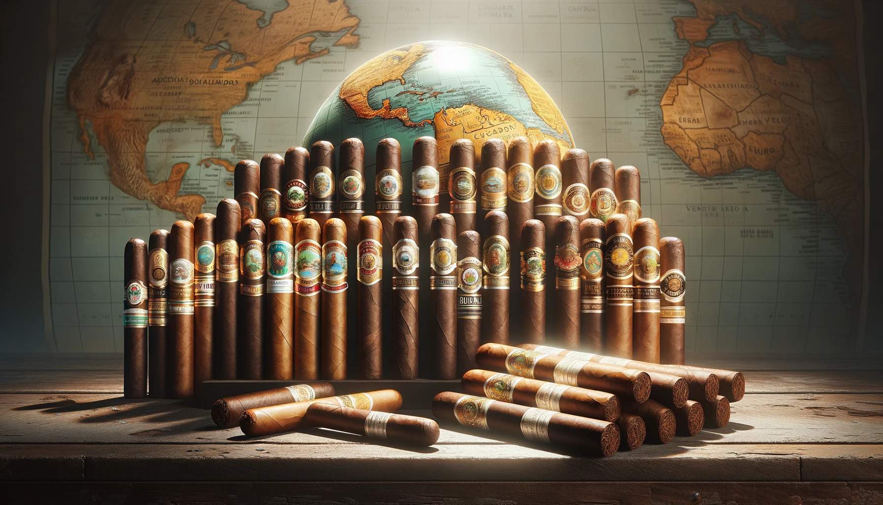 A photorealistic image showcasing a diverse collection of cigars, each wrapped in one of the top 10 distinct wrappers, arranged in front of a world map highlighting their origins. The bright, high-contrast lighting accentuates the unique textures and colors of the wrappers, from the creamy hue of the Connecticut Shade to the rich, dark chocolate of the Maduro, illustrating the global heritage and craftsmanship of cigar making.