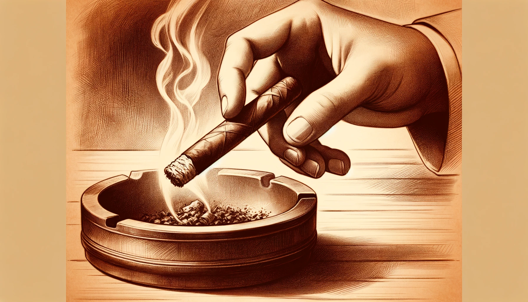 A vintage-style sepia-toned drawing capturing the moment a hand gently taps a cigar against the edge of an ashtray, allowing the ash to fall gracefully. The image reflects the elegance and tradition of cigar etiquette, emphasizing the careful, respectful approach to ashing. The warm, inviting atmosphere and focus on the ritual underscore the mindfulness and communal aspects of the cigar smoking tradition.