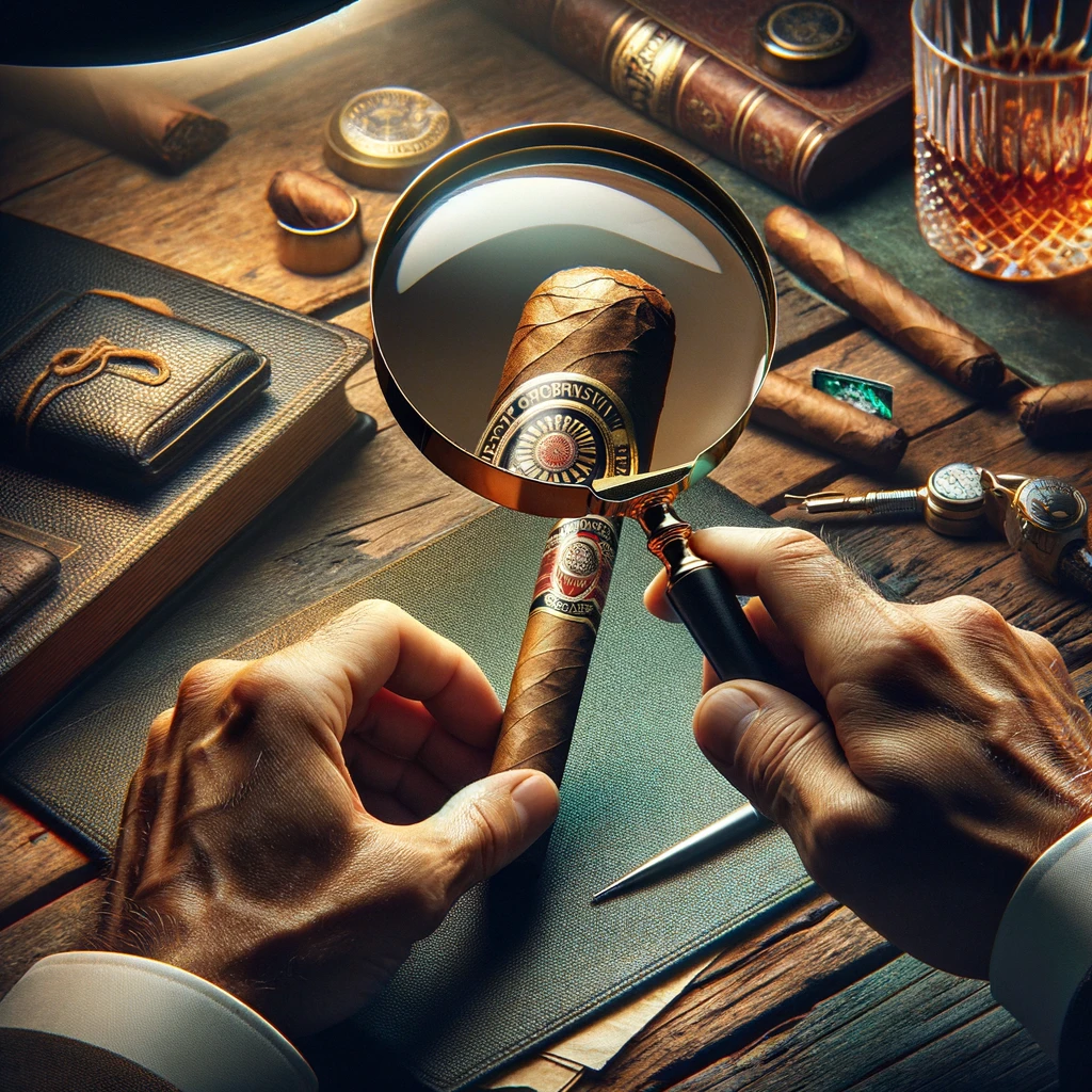 The image depicts a close-up view of a person's hands holding a magnifying glass over a Cuban cigar, examining its authenticity. The magnifying glass highlights the cigar's band and the texture of its wrapper, emphasizing details like a holographic seal and a barcode that indicate its genuine quality. The scene is set on a luxurious wooden desk in a sophisticated cigar lounge environment, with elements of opulence such as a leather-bound book and a crystal glass of aged whiskey nearby, enhancing the atmosphere of discernment and luxury associated with authentic Cuban cigars.